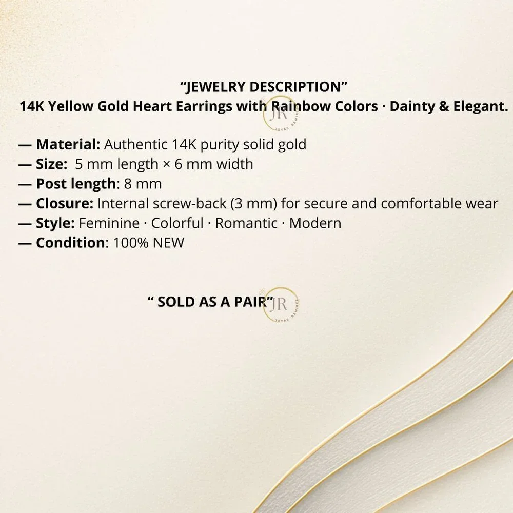 14K Yellow Gold Heart Stud Earrings with Rainbow Colors · Dainty & Elegant. - Picture 8 of 8